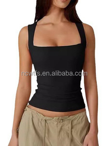 Nouveau débardeur d'été pour <span class=keywords><strong>femme</strong></span>, <span class=keywords><strong>noir</strong></span>, col carré, <span class=keywords><strong>sans</strong></span> manches, double couche, coupe ajustée, basique - Product Image 6