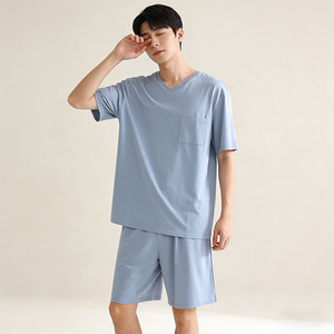 PJ-1456 Conjunto de Pijama de Algodón para Hombre, Manga Corta y Pantalones Cortos, Azul Océano/Azul Claro, Corte Holgado, Ropa de Dormir de Verano para Hombres Jóvenes - Product Image 1