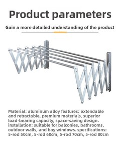 Porte-serviettes et vêtements mural coulissant à cinq barres en alliage d'aluminium, sans perçage, pour balcon, toilettes et intérieur - Product Image 5