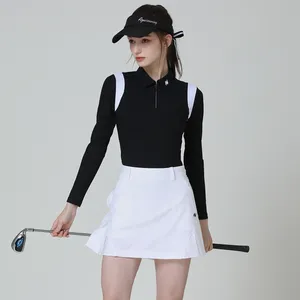 Set Pakaian Golf Kaus Lengan Panjang Antiuv untuk Wanita, Kemeja Polo Golf Ritsleting, Rok Ramping untuk Wanita