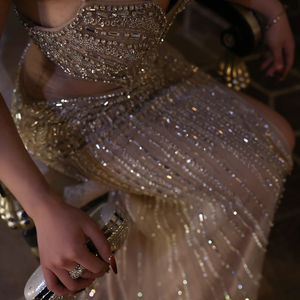 Luxuriöses blaues Meerjungfrauen-Abendkleid für Damen, Nude, mit Perlen, V-Ausschnitt, hohem Schlitz, 3D-Pailletten, sexy Hochzeits-, Party- und Ballkleid SZ177-1 - Product Image 5