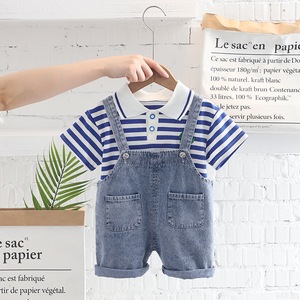 Ensemble de vêtements deux pièces pour enfants de printemps <span class=keywords><strong>Short</strong></span> court à manches longues avec revers motif imprimé solide Costume d'été pour garçons de 2 à 7 ans - Product Image 3