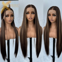 Perruques synthétiques longues et lisses en dentelle frontale, résistantes à la chaleur, grises, effet cheveux naturels pour femmes, densité 180, 30 pouces