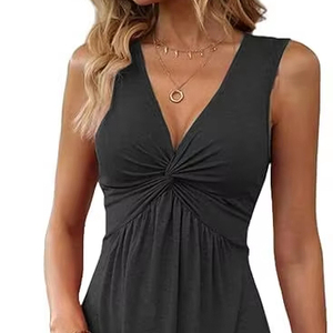 Abito Estivo Elegante Casual da Donna, <span class=keywords><strong>Taglie</strong></span> <span class=keywords><strong>Forti</strong></span>, in <span class=keywords><strong>Viscosa</strong></span>, Tinta Unita, con Scollo a V e Senza Maniche, Stile Naturale - Vendita all'Ingrosso - Product Image 1