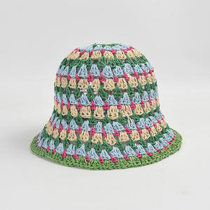 Sombrero de Paja de Papel Tejido <span class=keywords><strong>a</strong></span> Mano con Rayas de Colores - Sombrero de Cubo Transpirable y Hueco para Mujer, Estilo Veraniego para Vacaciones y Playa - Product Image 1