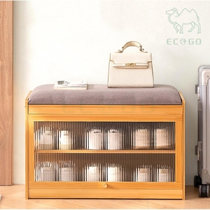 Home Furniture Display Rack Storage Cabinet Organizer Seat Cushion Double-Layer Bamboo Wood Shoe Rack with Windows - Product Image 5