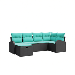 6 Piece Black Poly <b>Rattan</b> Garden <b>Sofa</b> Set With Cushions Outdoor Furniture Contemporary Design - Product Image 1