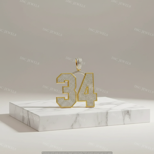 Pendentif et breloque unisexe en or jaune 14 carats plaqué or, avec moissanite ronde de 3,00 carats, style hip-hop, avec design personnalisé numéro 34 - Product Image 4