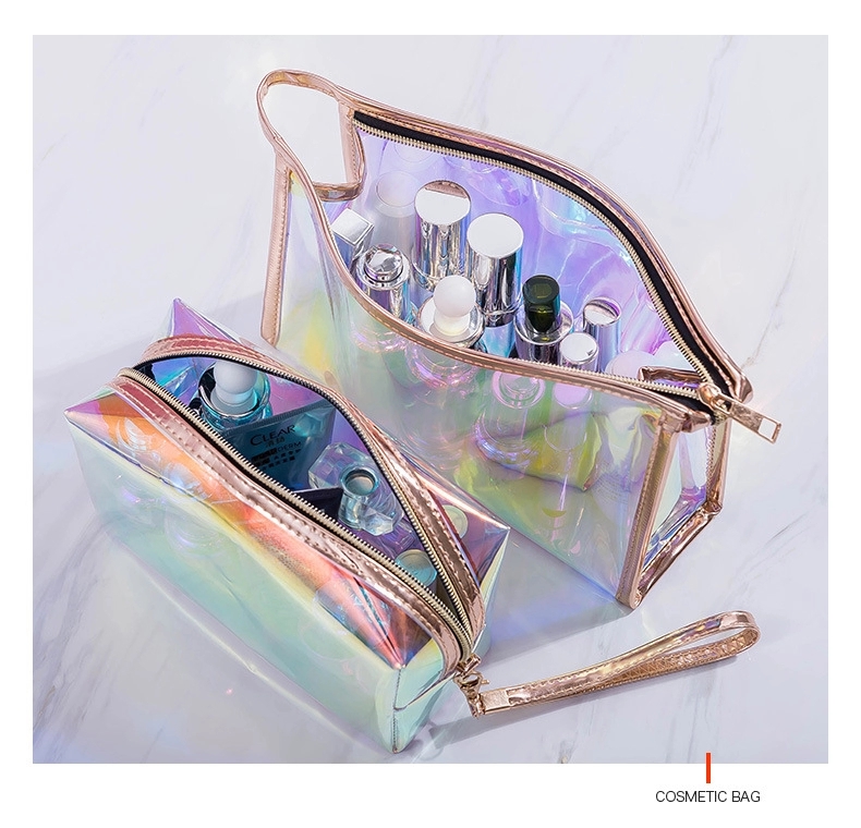 DAZZLING HOLOGRAPHIC, TPU PVC Laser Cosmetic Bag, Makeup Organizer Bags, Jelly Purse, Hanging Toiletry