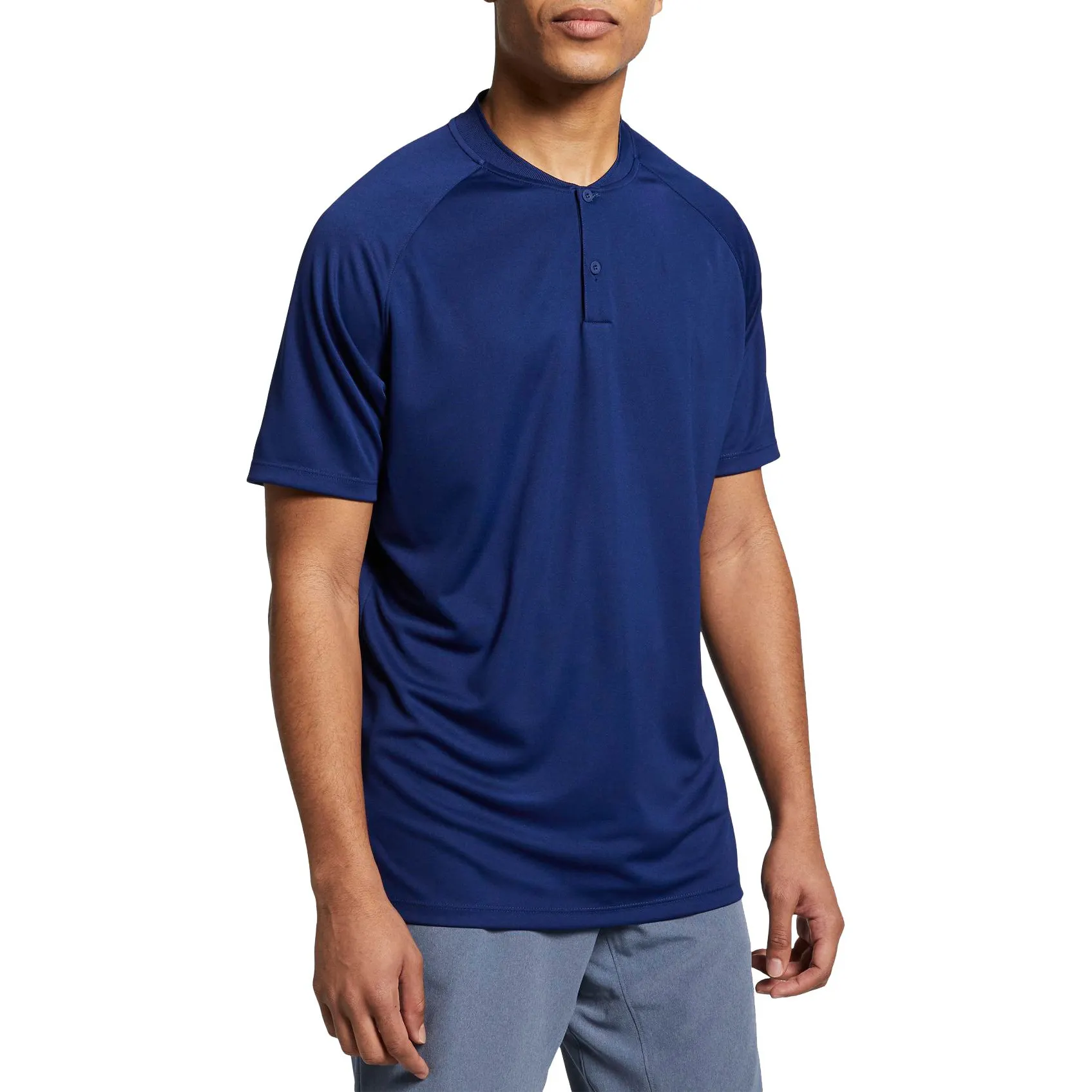 Mens di Modo di Qualità Wicking Traspirante Navy Blu Del Manicotto di Raglan Nessun Collare No Logo Personalizzato Golf Tee Shirts