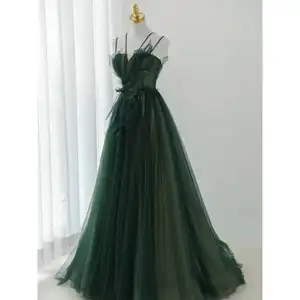 Sıcak satış yeşil tül kolsuz A-line düğün akşam parti elbise spagetti sapanlar v yaka balo elbisesi ile kadınlar için
