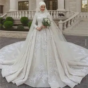 Abiti da sposa musulmani modesti collo alto paillettes di pizzo perline una linea abito da sposa Country con velo abiti su misura De Novia