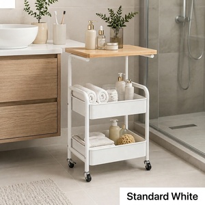 3 Tier Utility with Wooden Board and Drawer ,Multi Use <strong>Storage</strong> Rack Organizer Lockable Casters, Metal Trolley Rolling <strong>Cart</strong> - Product Image 4