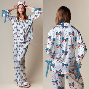Día DE LA Independencia Red Stripe Blue Star All Over Print Manga larga Loose Fit Casual Pijama Set Mujeres - Product Image 5