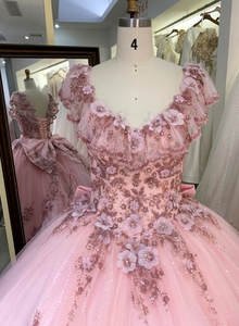 Bán Buôn New Ruffle Tay Áo Hoa Thêu Màu Hồng Quinceanera Dresses Thanh Lịch - Product Image 2