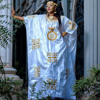 Robe Boubou Dashiki Bazin Africaine pour Femmes, Or et Blanc, Motif Bassin du Sénégal, Robe Personnalisée pour Mariage ou Fête des Femmes Nigérianes