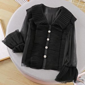 レディーフリルメッシュシャツブラウストップスVネック長袖フレアスリーブ甘いかわいいシャツ - Product Image 3