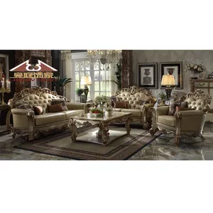 Longhao Mebel Mewah Klasik Eropa Mesir Eksklusif Grosir Kulit Emas 6 Tempat Duduk Sofa Set untuk Ruang Tamu