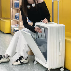 Valise cabine à ouverture frontale 24 pouces avec porte-gobelet, roues pivotantes, antichoc, verrouillable, unisexe, couleur unie, pour voyage - Product Image 1