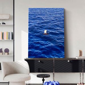 Peinture murale artisanale moderne, bateau à voile bleu vue sur la mer, affiche imprimée sur toile, art mural pour la décoration de la maison et des hôtels - Product Image 2