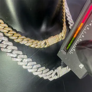 Lulus Penguji Berlian 14Mm Lebar 2 Baris 925 Perak Padat dengan GRA Moissanite Berlian Rantai Tautan Kuba untuk Rapper Hip Hop Kalung