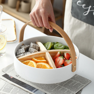 Petits paniers de service en céramique avec poignée en bois pour fruits, goûter, noix, bonbons, taille petite, couleur <span class=keywords><strong>blanche</strong></span> - Product Image 2