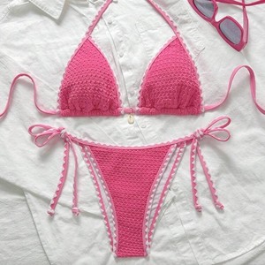 Ensemble bikini femme, col halter, liens latéraux, rose, polyester/coton extensible, motif écossais, décoration coquillage, pour la natation et les sports nautiques - Product Image 2