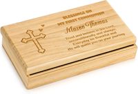 Boîte à croix de première communion en bois gravée pour chapelet, souvenirs et petits bijoux
