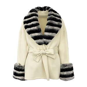 Abrigo de Primavera Elegante e Informal para Mujer, Tejido de Lana de Doble Cara, con Cuello y Puños de Piel de Conejo Rex Teñida de Chinchilla, Cinturón, Chaqueta Gruesa - Product Image 1