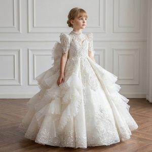 Jancemebr WN1804 Vestido de niña de las flores de manga larga con cuello alto y cuentas, vestido de princesa hinchado de tul con volantes hasta el suelo 100% - Product Image 1