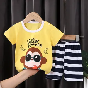 2023 Summer Different Design Home Wear Seaside Resort Cotton 2pcs T-shirt Suit Printed Baby Kids Children's Clothing Sets New