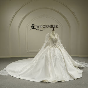 GT26012 Nouvelle Robe de Mariée Longue en Satin à Manches Longues, Dentelle Lourde, Plumes, Manches Bouffantes, Appliques Modernes, Dos Nu, Longueur Ras du Sol - Product Image 2