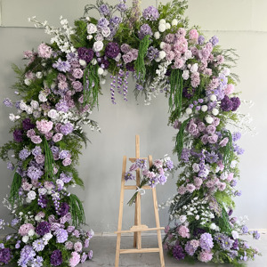 X885 giungla matrimonio verde giardino foresta arco floreale in seta artificiale verde piante rosa viola fiore arco per evento di nozze - Product Image 1