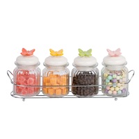 Ensemble de 4 pots de rangement en verre à nervures verticales avec support métallique et couvercles en céramique papillon colorés, pour épices, bonbons et collations