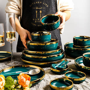 Gran oferta, nuevo juego de <span class=keywords><strong>cena</strong></span> de cerámica bohemio de China de hueso, diseño <span class=keywords><strong>verde</strong></span> con bordes dorados, clásico ecológico para Navidad para hoteles - Product Image 2