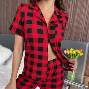 Bán Buôn Tùy Chỉnh Phụ Nữ Quần Áo Màu Đỏ Sọc Ngắn Tay Áo Ngắn Quần Hai Mảnh Thiết Lập Sexy Loungewear Pyjama Pj Pjs Pijamas