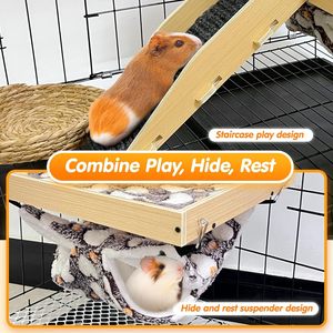 Cachette pour cochon d'Inde en bois naturel, lit amovible pour cochon d'Inde, <span class=keywords><strong>habitat</strong></span> pour petits animaux avec hamac suspendu, escalier et <span class=keywords><strong>coussin</strong></span> - Product Image 3