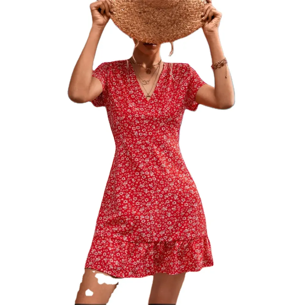 Vestido floral de verano con cuello en V y silueta acampanada Falda de playa sostenible hecha de tela de gasa