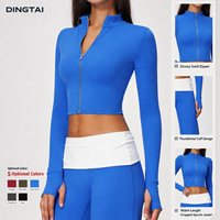 Veste courte à col montant et fermeture éclair sur le devant pour femme, manches longues avec passe-pouces, brossée, séchage rapide, respirante, pour yoga, course à pied et fitness
