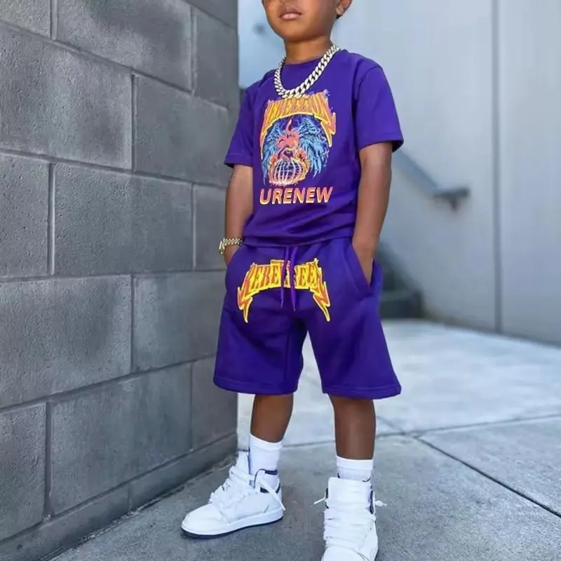 Set kaus dan celana pendek katun 100% warna polos logo kustom set pakaian bayi laki-laki usia 3 hingga 7 tahun