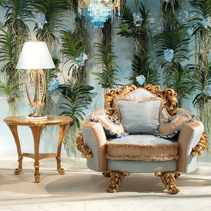 <span class=keywords><strong>Sofa</strong></span> Tunggal Gaya Barok Kerajaan dengan Bingkai Kayu Berlapis Emas, Pelapis Beludru Biru Langit dan Jacquard Beige untuk Dekorasi Vila Mewah - Product Image 2