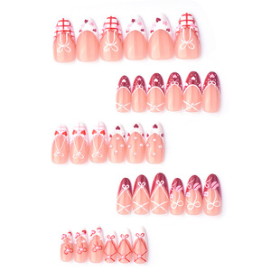 Faux ongles à presser pour femmes, motifs Saint-Valentin, nœud de ballet, cœur, à carreaux, style French Amande, dessinés à la <span class=keywords><strong>main</strong></span>, pour nail art et rendez-vous galants, vente en gros - Product Image 3