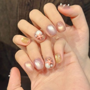 Ocean Fairy Tale <span class=keywords><strong>Uñas</strong></span> artificiales Summer Bubble Sea Star con Light Blue Cat Eye Soft <span class=keywords><strong>Gel</strong></span> Press on Nails Alta calidad - Product Image 3