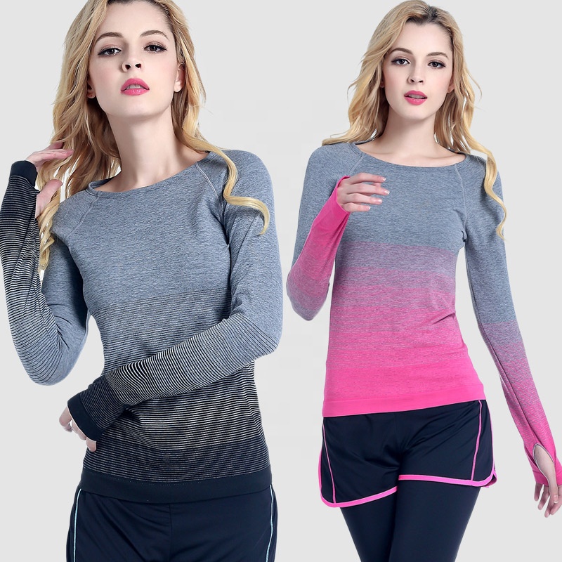 Large Size Yoga Wear Round Neck Seamless Sports Fitness Shirt Gradient Long Sleeves Running T-shirts for Womens