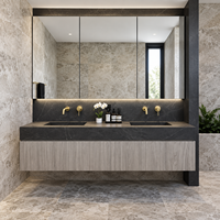 Kabinet Penyimpanan Veneer Walnut Modern, Cermin Kayu Dinding, Kabinet Kamar Mandi Double Sink dengan Meja Marmer