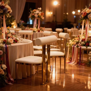 Chaises de banquet en cuir PU durable avec cadre doré, fabrication directe LEDA - Design moderne empilable pour les mariages, les hôtels, les événements, intérieur/extérieur - Product Image 1