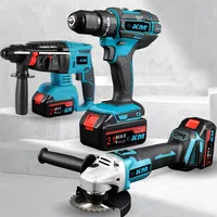 Ensemble d'outils de haute qualité en acier inoxydable avec batterie au lithium rechargeable en 3 pièces, marteau électrique, meuleuse d'angle, perceuse à percussion, bricolage