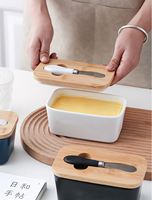 Beurres rectangulaires en céramique Boîte à fromage en étain scellée Boîte de rangement Conteneurs Beurrier avec couteau et couvercle en bambou
