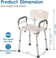 Tabouret de bain senior avec surface antidérapante chaise de douche réglable pour salle de bain sécurité dossier accoudoir équipement de soutien