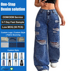 Jeans décontractés pour femmes à jambe large, taille haute, bleu délavé, déchirés et effilochés, style streetwear, en denim, vente en gros ODM/OEM - Product Image 1